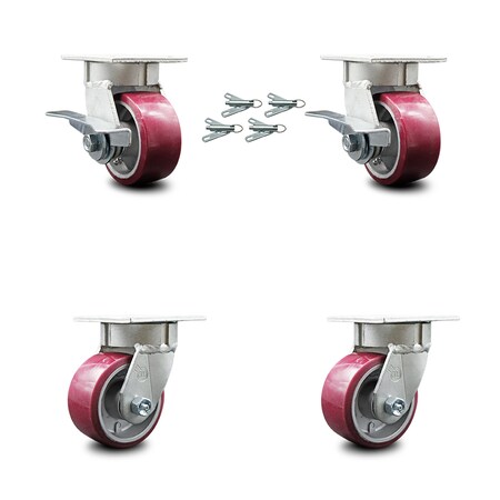 4 Inch Kingpinless Poly on Aluminum Wheel Caster Swivel Locks 2 Brakes SCC 4PK